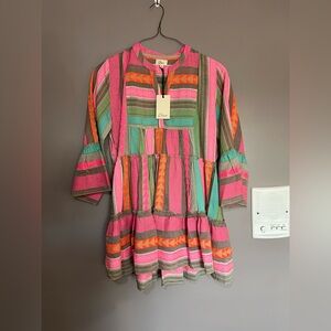 Elan Pink, Orange & Teal Patterned Tiered Dress
